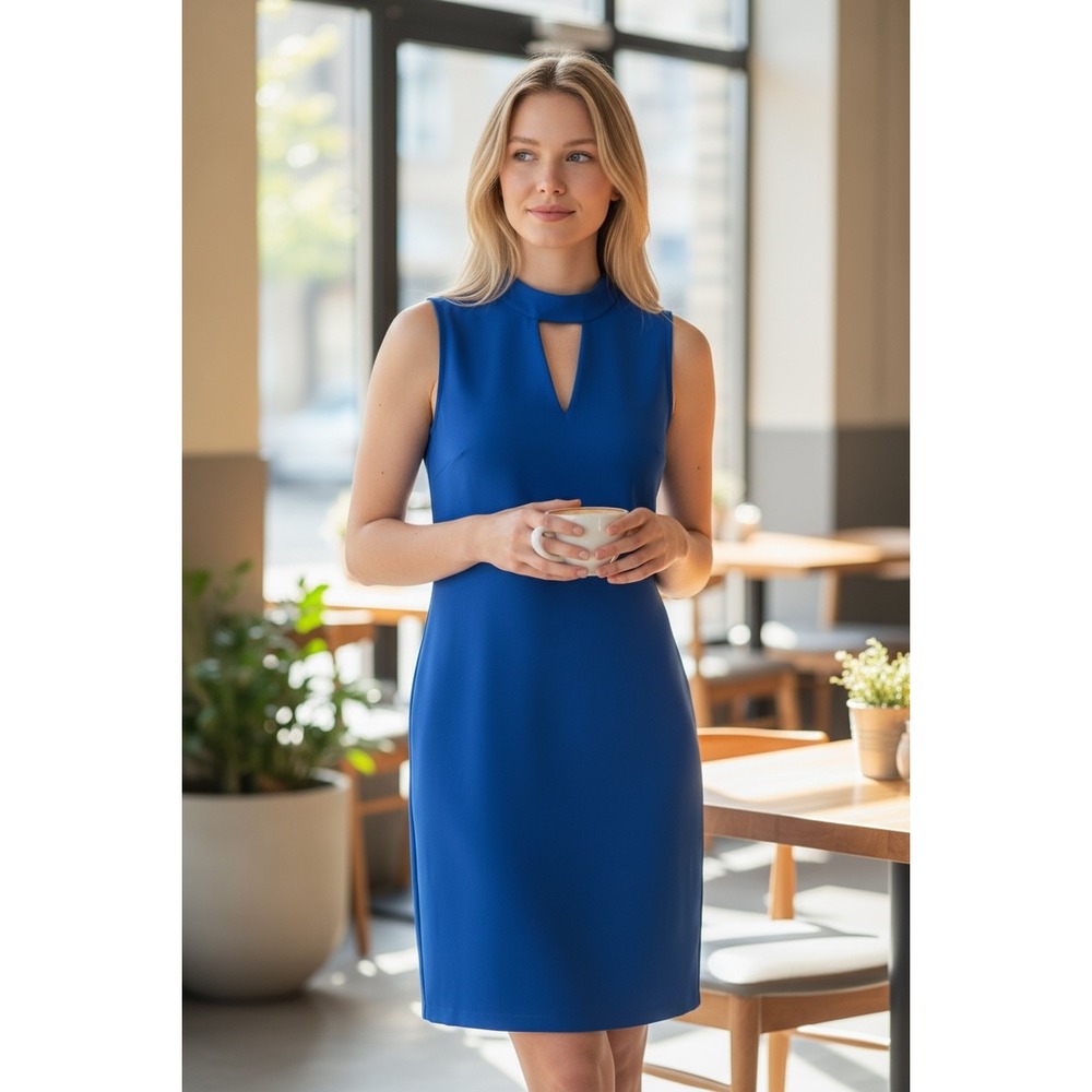 Nicole Miller New York Royal Blue Mock Neck Keyhole Sheath‎ Dress Size 4 NWT